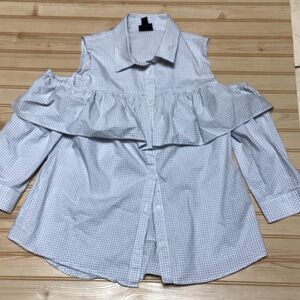 Worthington Light Blue Gingham Cold-Shoulder Ruffle Button-Down Shirt